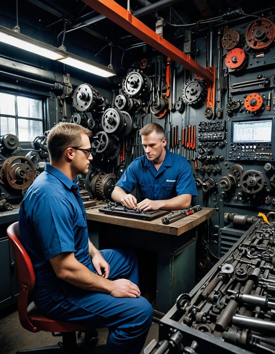 A dynamic scene showcasing a heavy equipment operator at work, surrounded by various industrial tools and machinery. Include elements illustrating maintenance, such as gears and wrenches, along with a blueprint of industrial solutions nearby. The background should feature a well-maintained workshop emphasizing efficiency and professionalism. Bright and engaging colors to reflect the industrious atmosphere. super-realistic. vibrant colors. industrial style.