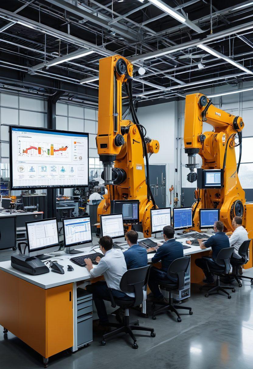 A well-equipped industrial workshop with various types of machinery prominently displayed, showcasing their features and functions. Include a diverse group of professionals discussing and analyzing the machinery, with charts and graphs illustrating productivity and efficiency in the background. The setting should convey a sense of collaboration and innovation, with bright lighting highlighting advanced technology. super-realistic. vibrant colors. white background.