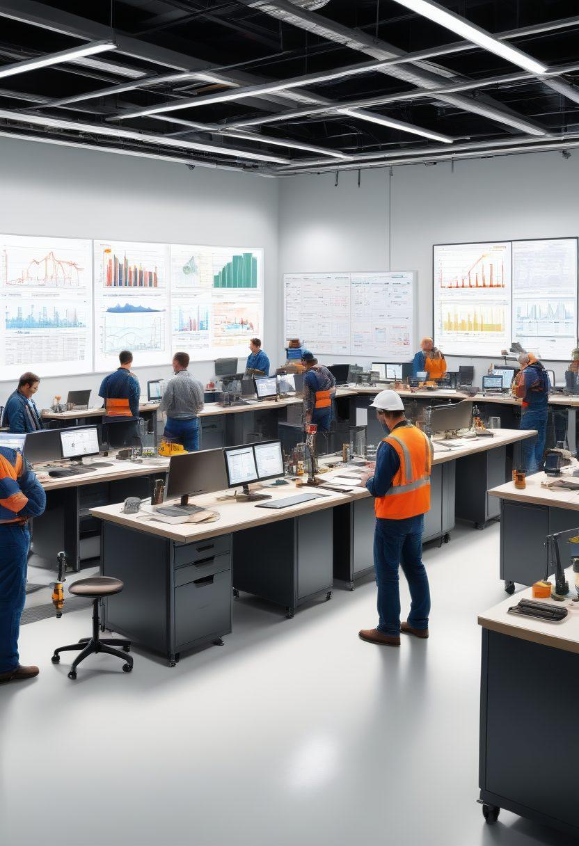 A well-organized workspace showcasing various types of industrial equipment, including tools, machinery, and safety gear, emphasizing efficiency and productivity. Include a diverse group of professionals discussing options, with charts and graphs in the background illustrating performance metrics. Bright and inviting lighting highlights the equipment's features, creating a dynamic yet professional atmosphere. super-realistic. vibrant colors. white background.
